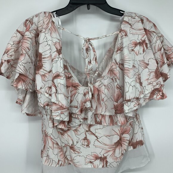 Lulus Bodysuit White Floral Print Ruffle Short Sleeve Tie Back - Picture 13 of 15